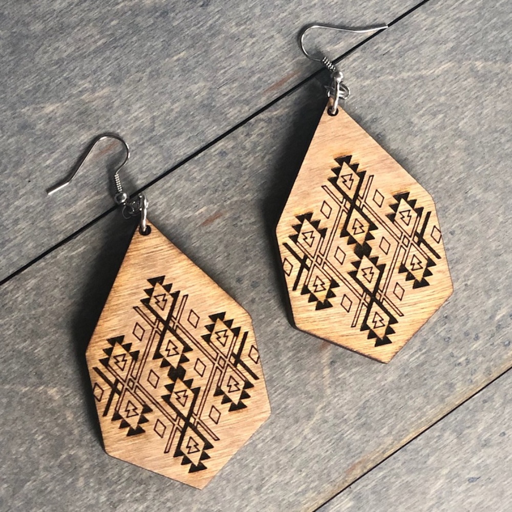 Wood Stained and Laser Cut & Engraved Large Dangle Earrings